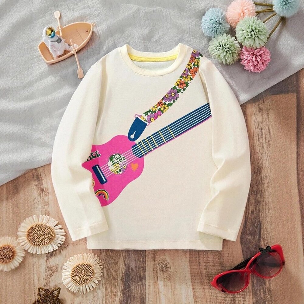 Girls Guitar Graphic Long Sleeve Shirt Cotton Crewneck Casual Top Size 5T